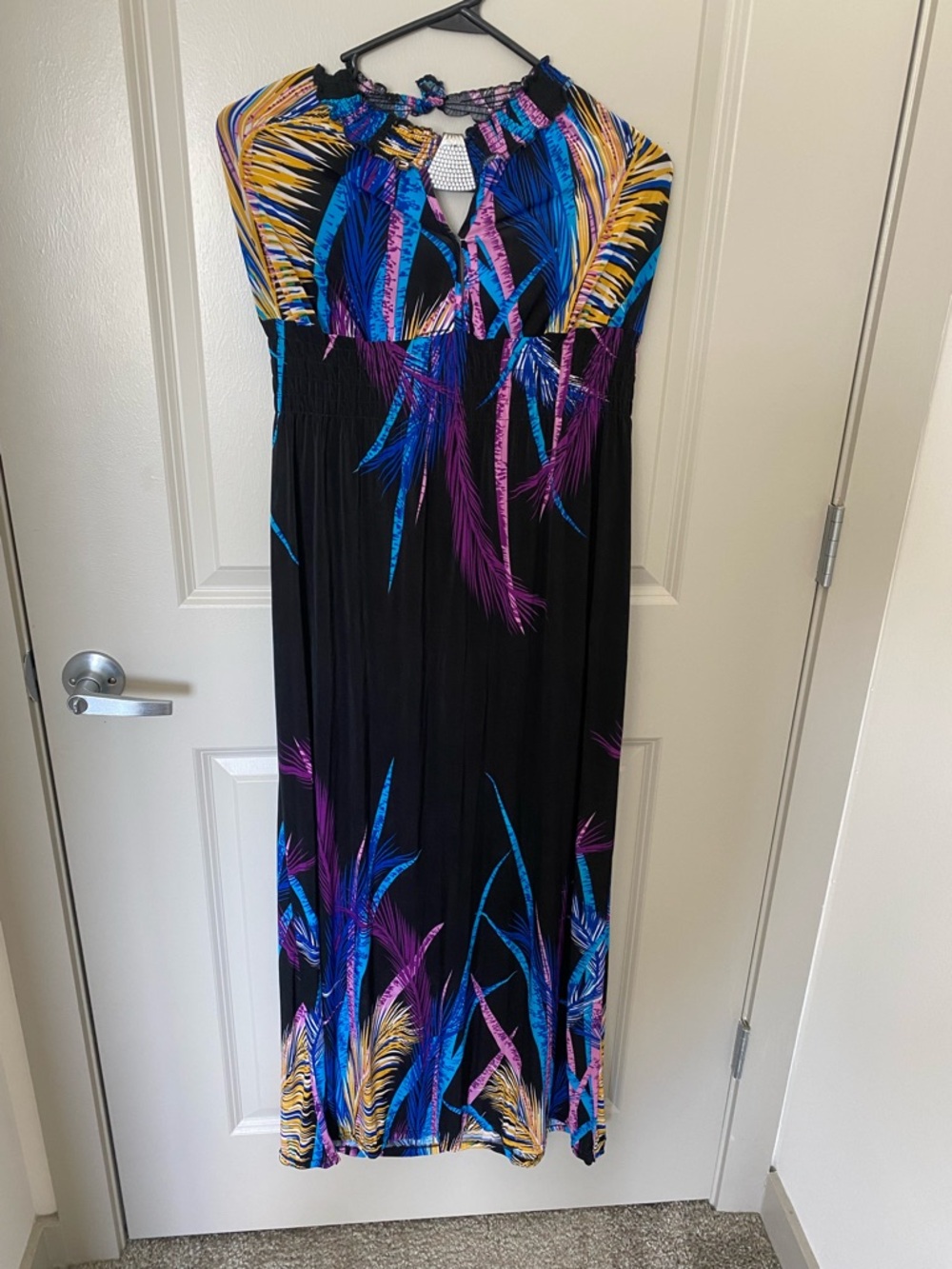Black Tropical Print Maxi Dress with Blue & Purple Accents